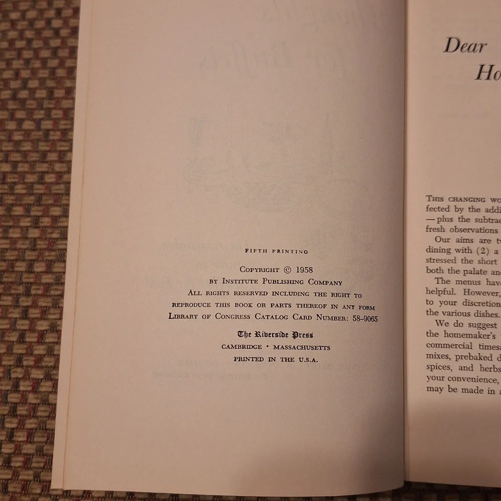 'Thoughts for Buffets' Cookbook Copyright 1958